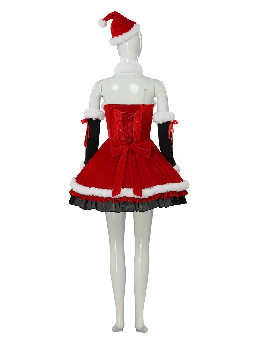 Christmas Mrs Claus Costume Set Red Velvet Corset Mini Dress Santa Hat