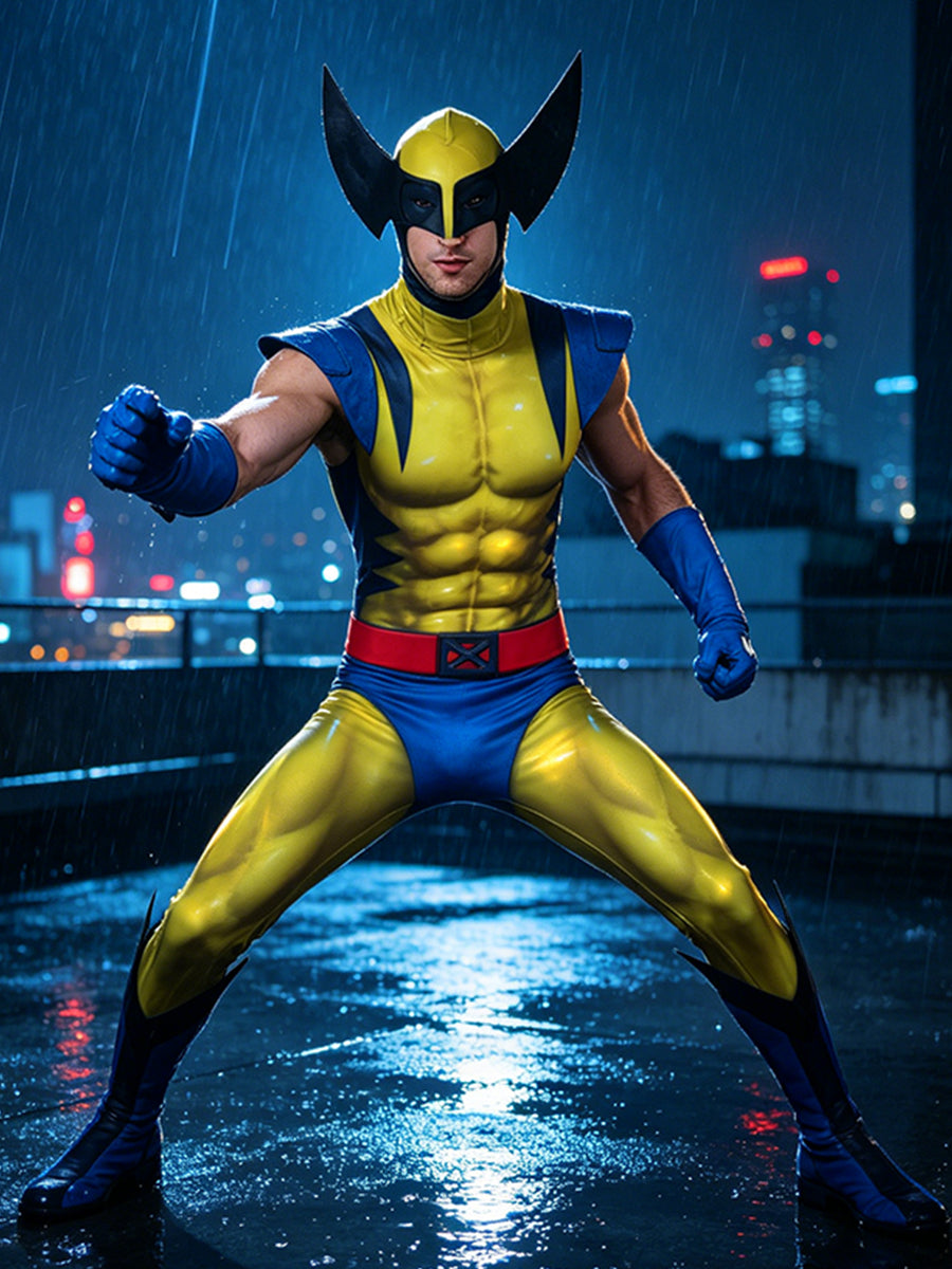 X-Men 97 Wolverine Costume Yellow Mutant Hero Full Body Muscle Print Jumpsuit