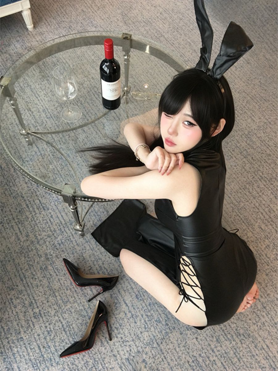 PU Leather Bunny Costume Black Lace-Up Slit Cheongsam Dress with Bunny Ears Headband