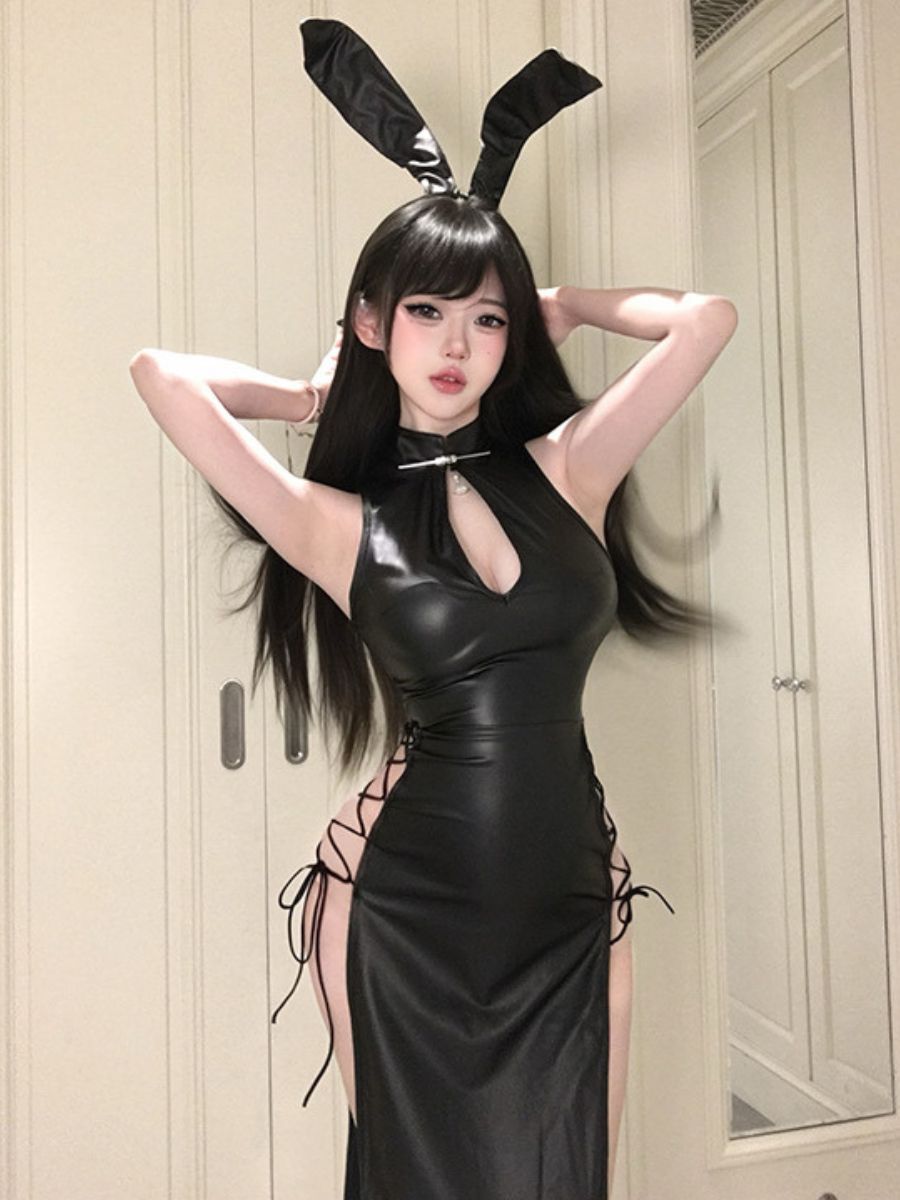 PU Leather Bunny Costume Black Lace-Up Slit Cheongsam Dress with Bunny Ears Headband