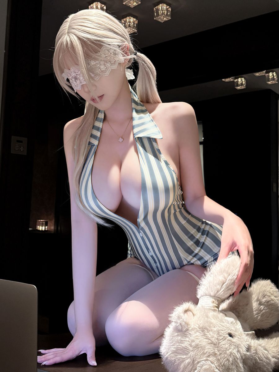Retro Striped Halter Romper Zipper Crotch Blue and Yellow Striped Bodysuit Lingerie 