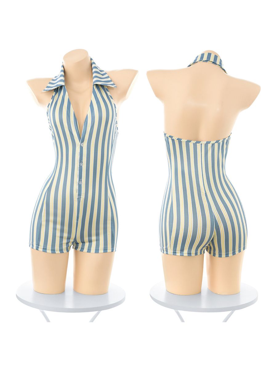 Retro Striped Halter Romper Zipper Crotch Blue and Yellow Striped Bodysuit Lingerie 
