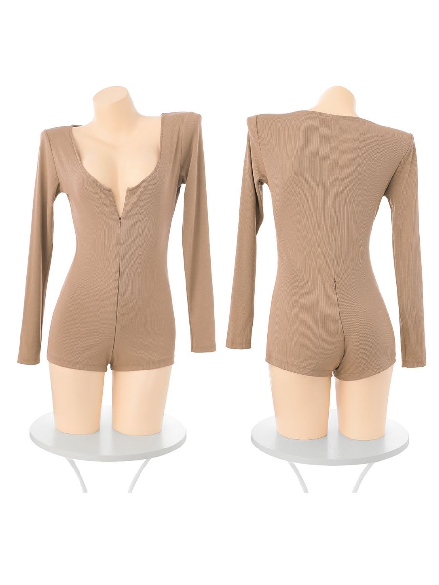 Sexy Ribbed Long Sleeve Zip Front Romper Slim Fit Zipper Crotch Yoga Bodysuit