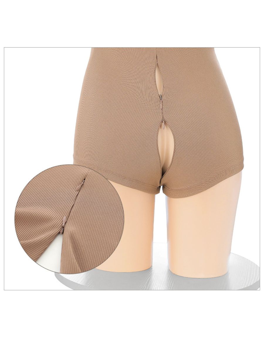 Sexy Ribbed Long Sleeve Zip Front Romper Slim Fit Zipper Crotch Yoga Bodysuit