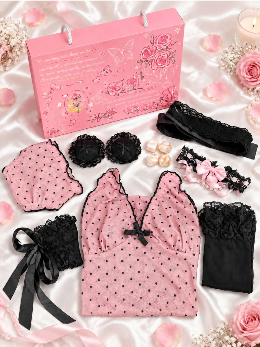 Christmas Lingerie Mystery Box Pink Polka Dot Loungewear Gift Box Set