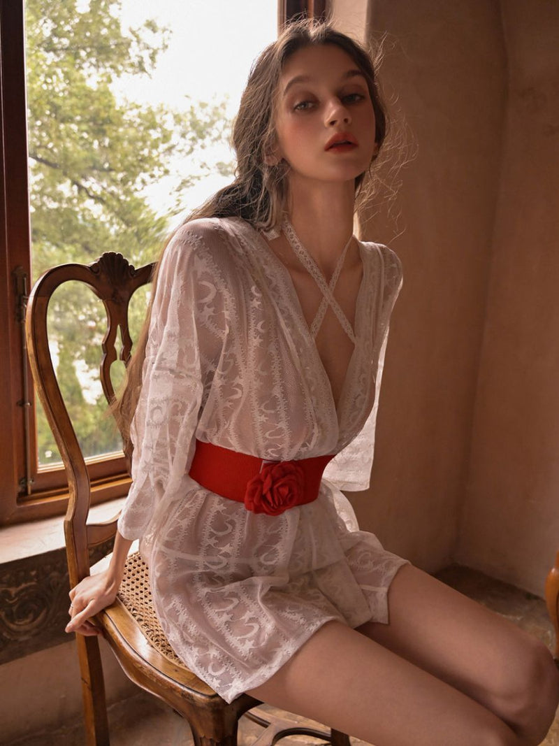 Vintage Sheer Lace Kimono Robe Japanese Style Lingerie Set with Waist Belt