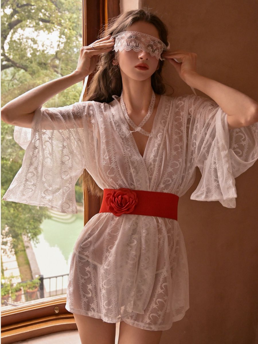 Vintage Sheer Lace Kimono Robe Japanese Style Lingerie Set with Waist Belt