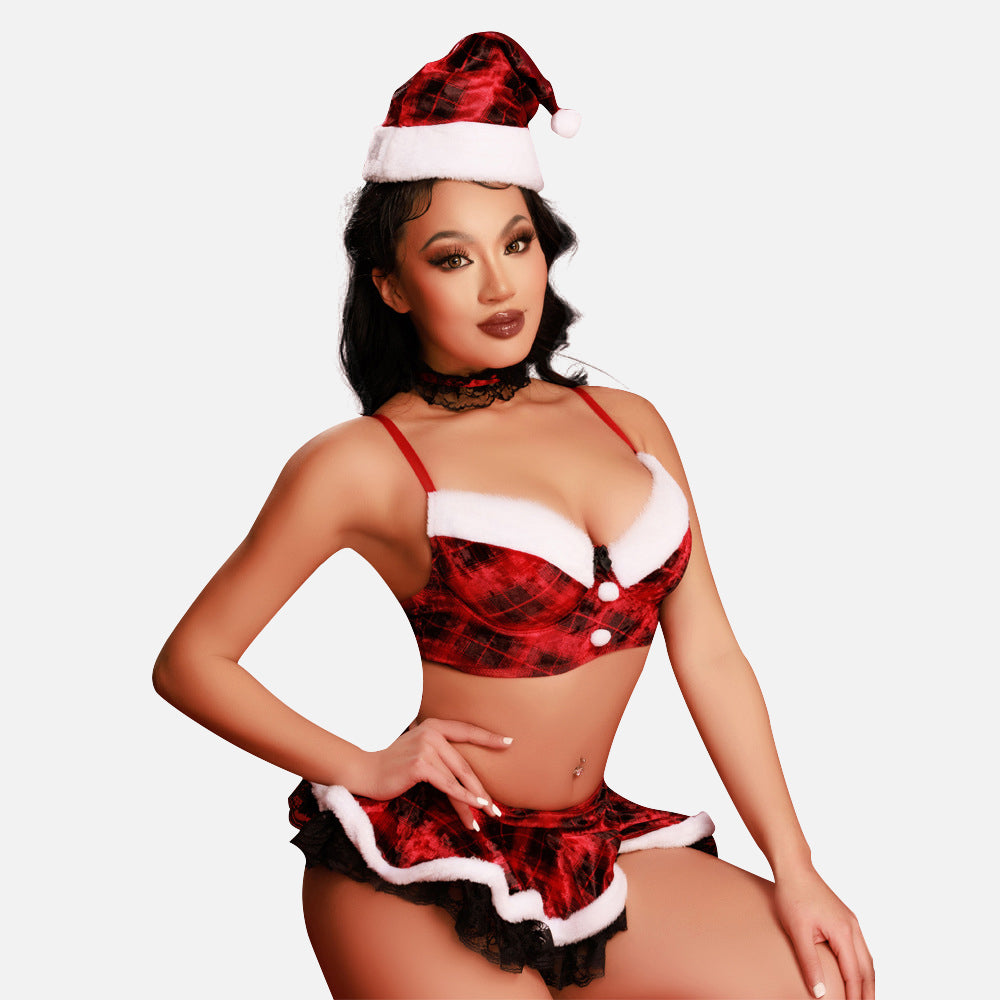 Sexy Santa Christmas Lingerie Set Mrs Claus Fuzzy Plaid Skirt Set 3 Pi –  YOMORIO