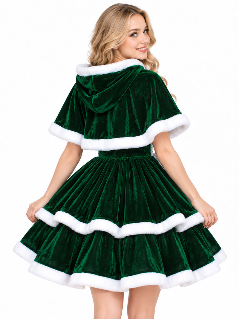 Christmas Velvet Mini Dress Santa Claus Tiered Mini Dress and Hooded Capelet