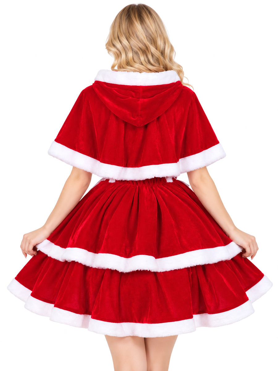 Christmas Velvet Mini Dress Santa Claus Tiered Mini Dress and Hooded Capelet