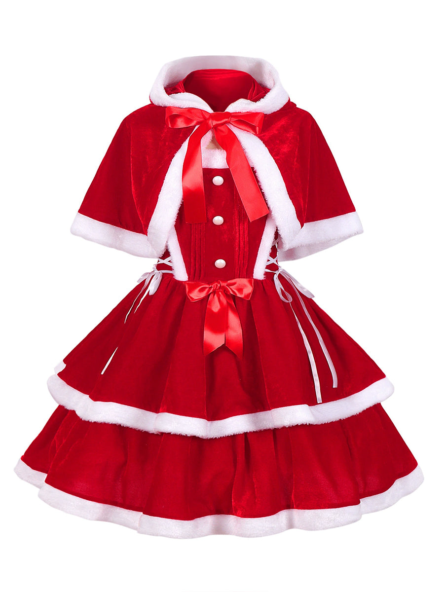 Christmas Velvet Mini Dress Santa Claus Tiered Mini Dress and Hooded Capelet