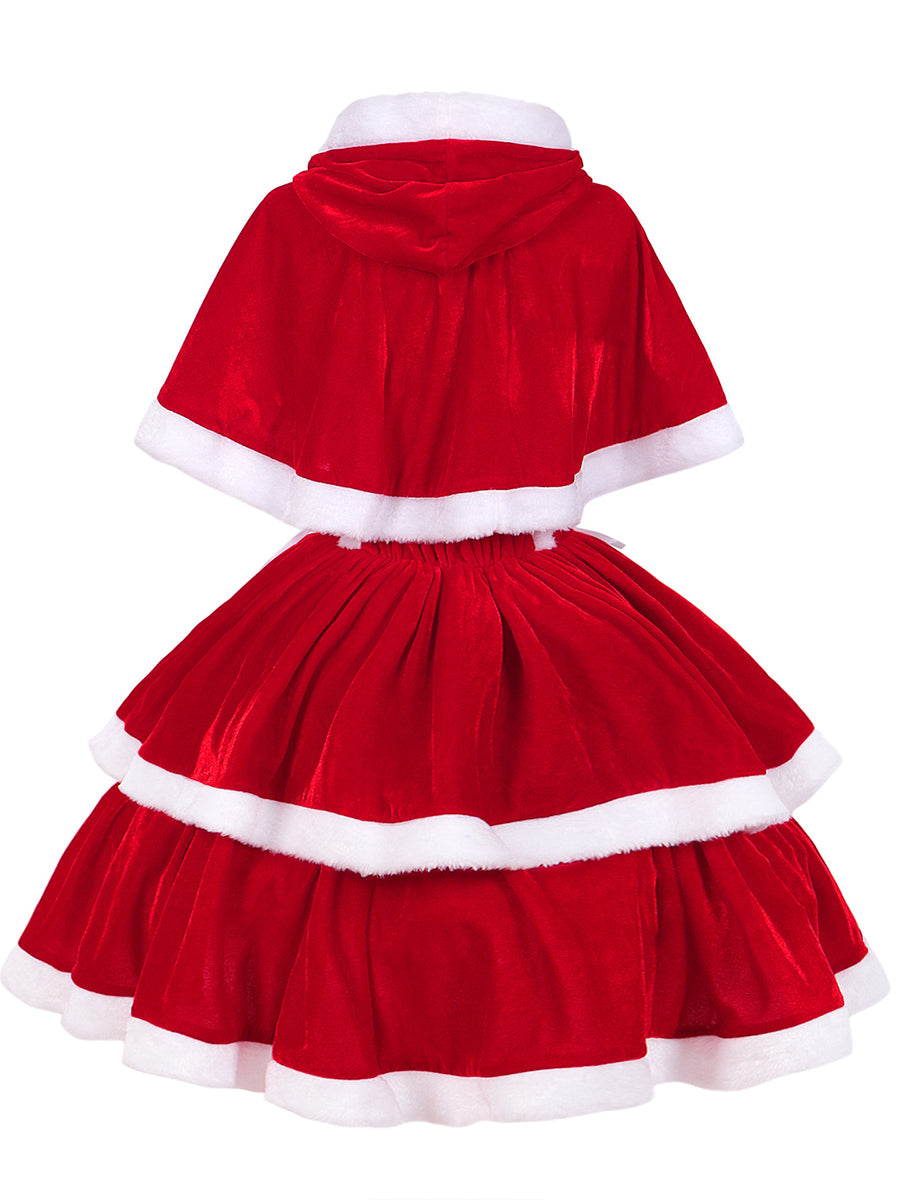Christmas Velvet Mini Dress Santa Claus Tiered Mini Dress and Hooded Capelet
