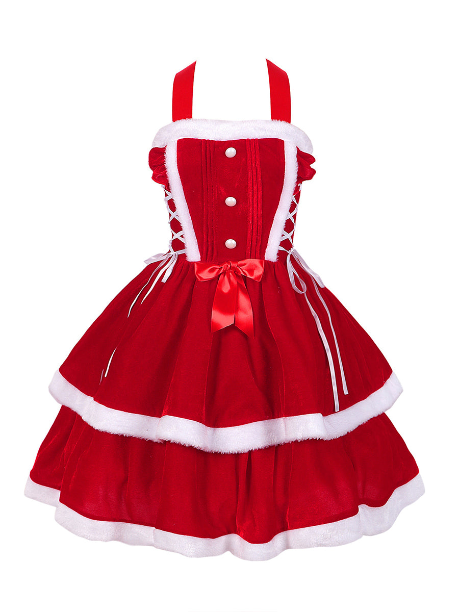 Christmas Velvet Mini Dress Santa Claus Tiered Mini Dress and Hooded Capelet