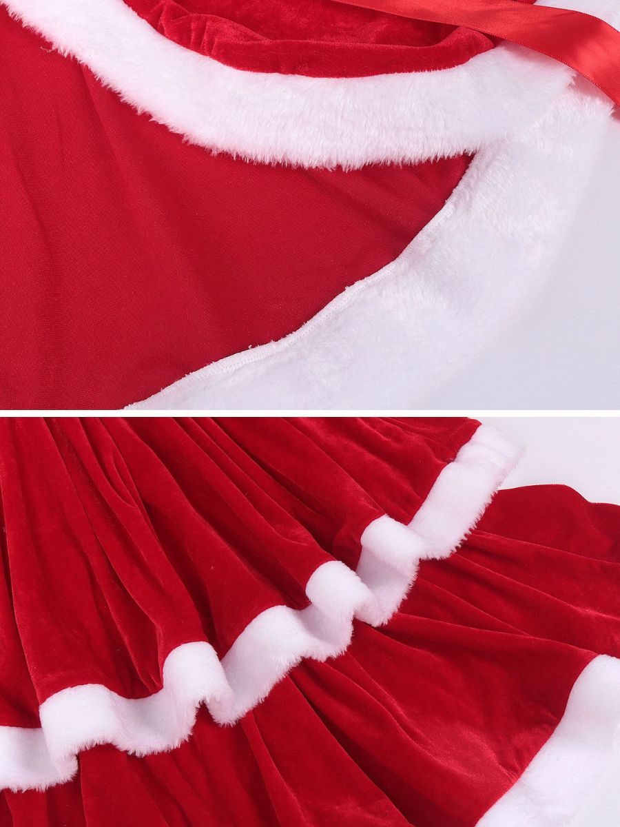 Christmas Velvet Mini Dress Santa Claus Tiered Mini Dress and Hooded Capelet