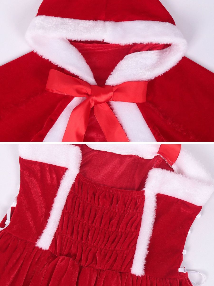 Christmas Velvet Mini Dress Santa Claus Tiered Mini Dress and Hooded Capelet