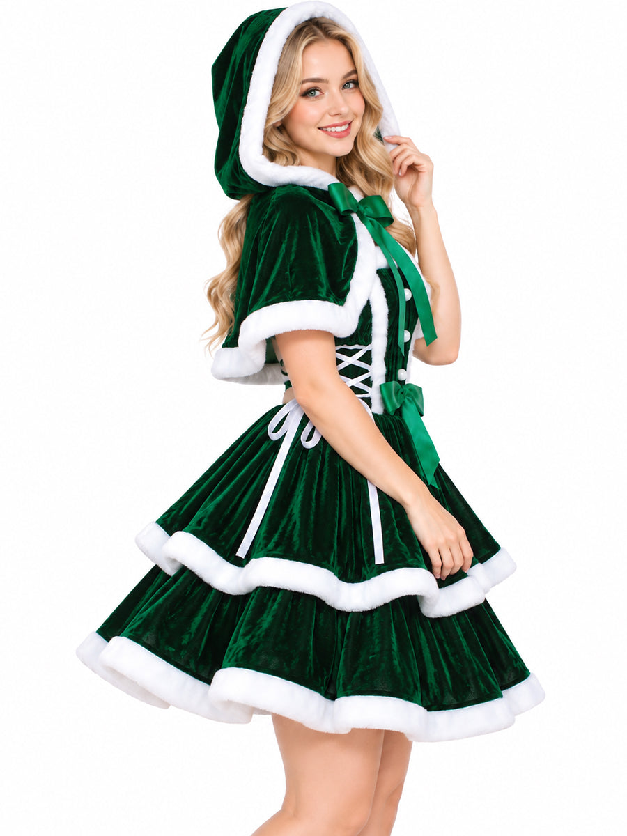 Christmas Velvet Mini Dress Santa Claus Tiered Mini Dress and Hooded Capelet