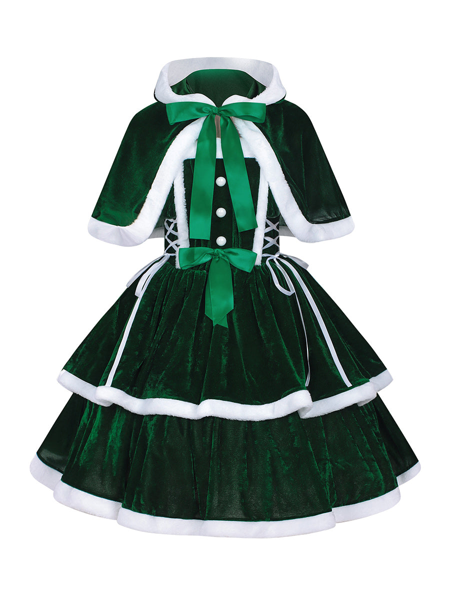Christmas Velvet Mini Dress Santa Claus Tiered Mini Dress and Hooded Capelet