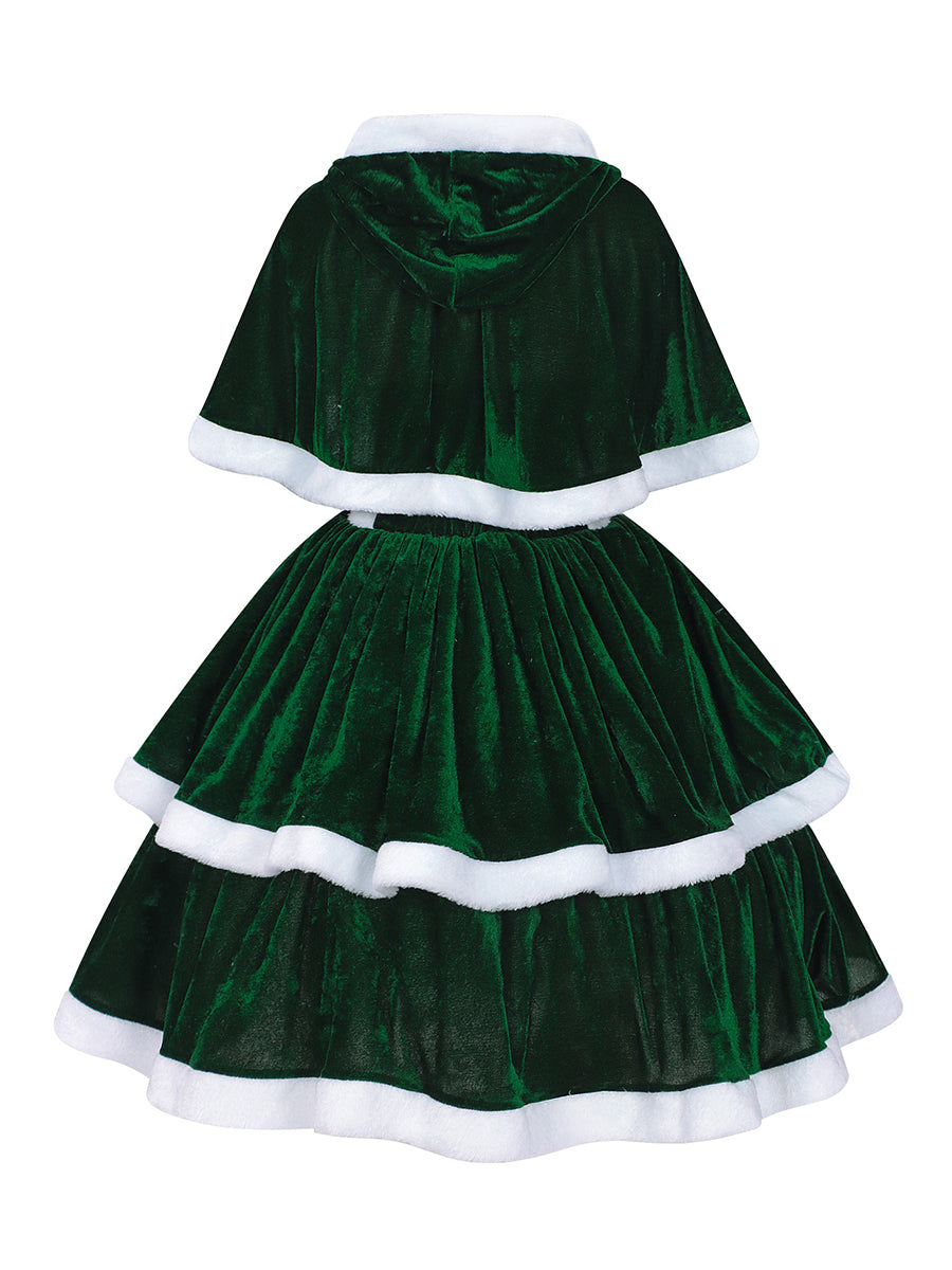 Christmas Velvet Mini Dress Santa Claus Tiered Mini Dress and Hooded Capelet