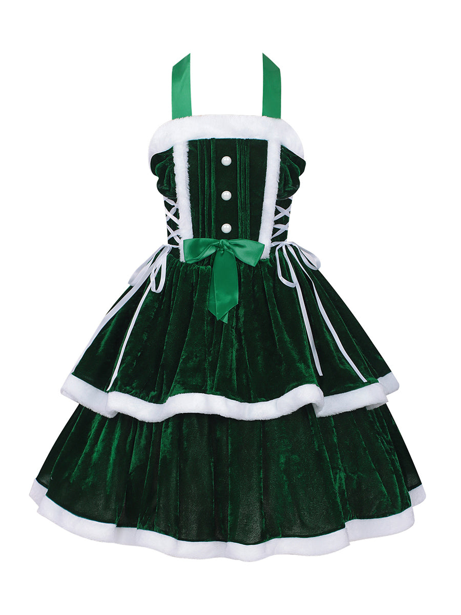 Christmas Velvet Mini Dress Santa Claus Tiered Mini Dress and Hooded Capelet