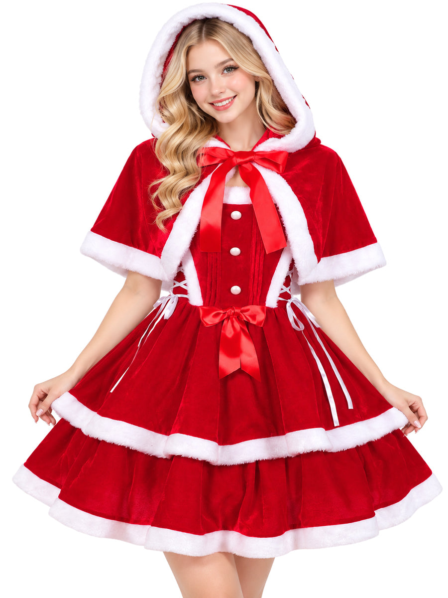 Christmas Velvet Mini Dress Santa Claus Tiered Mini Dress and Hooded Capelet