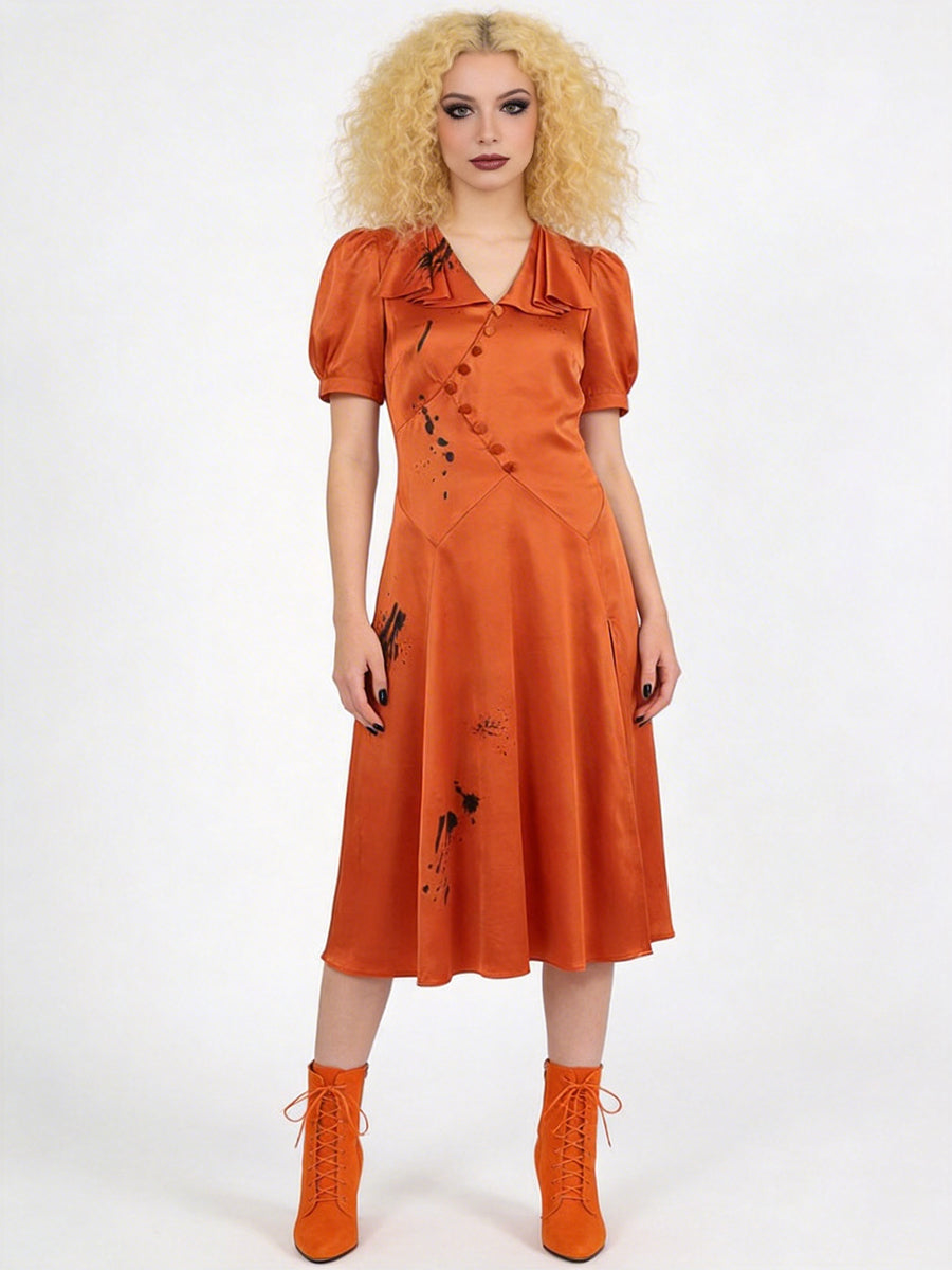 Adults Kids The Bride Costume Vintage Red Satin Wedding Dress Ink Splatter Print Midi Dress