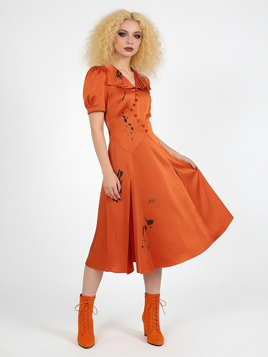 Adults Kids The Bride Costume Vintage Red Satin Wedding Dress Ink Splatter Print Midi Dress