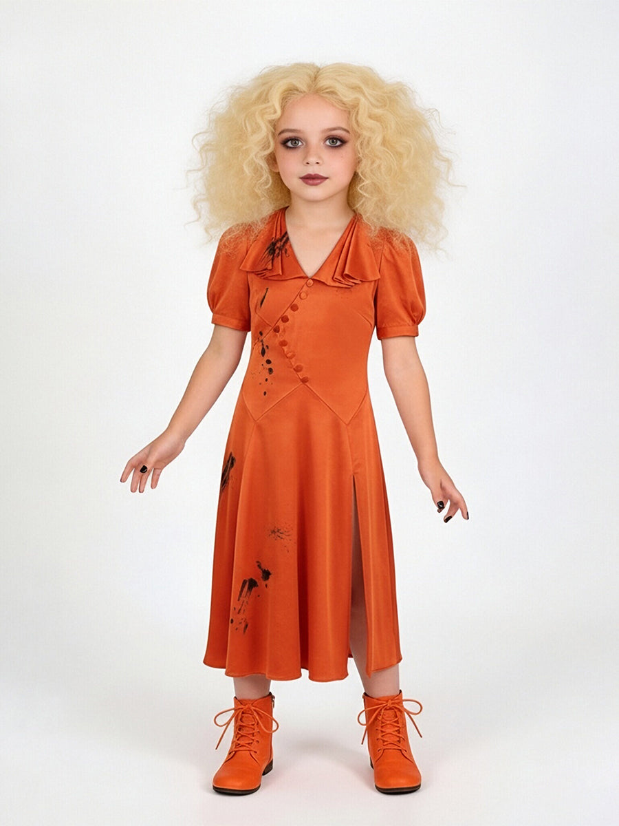 Adults Kids The Bride Costume Vintage Red Satin Wedding Dress Ink Splatter Print Midi Dress