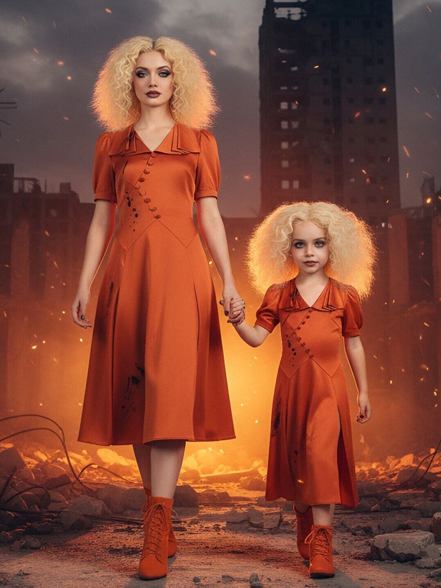 Adults Kids The Bride Costume Vintage Red Satin Wedding Dress Ink Splatter Print Midi Dress