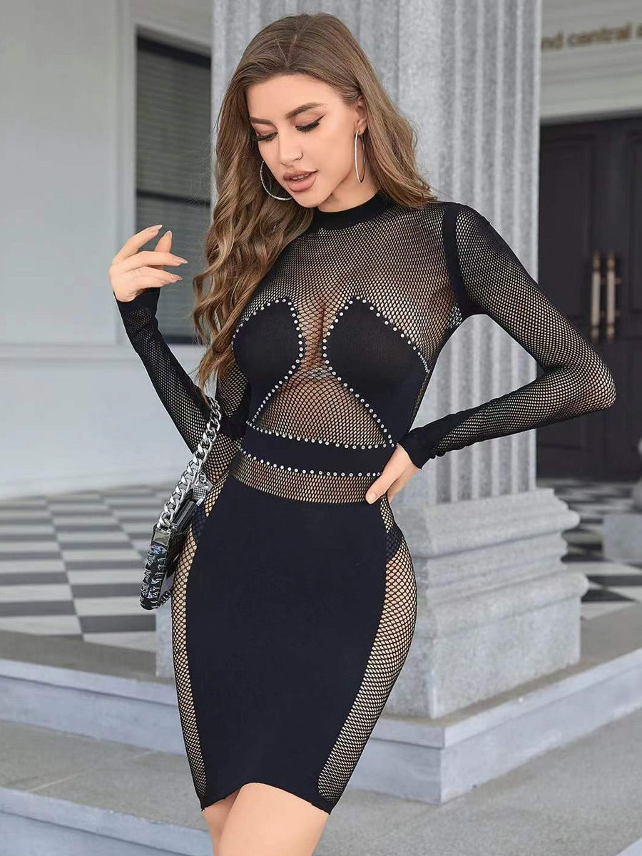 Club Outfits, Hollow Out, Long Sleeve One Piece Bodycon Fishnet Dress
