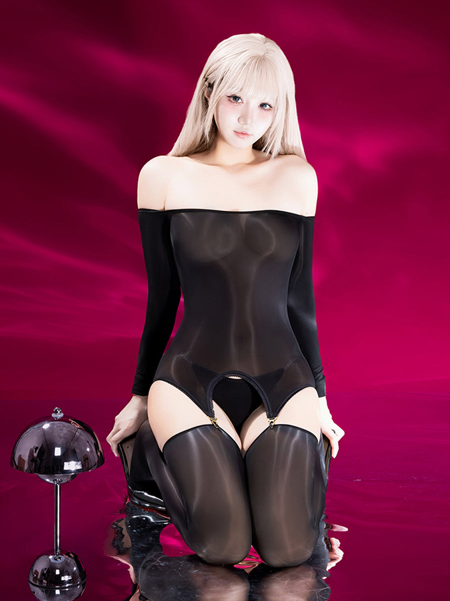 Seamless Garter Thigh High Bodystocking Off Shoulder Sheer Bodysuit with Stockings and Panty