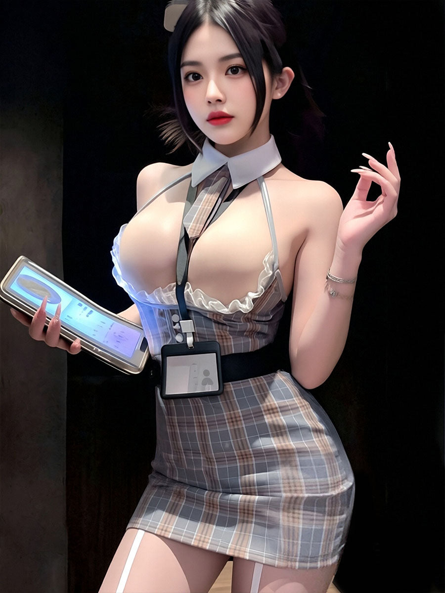 Sexy Secretary Cosplay Lingerie Gray Plaid Cupless Bodycon Mini Dress