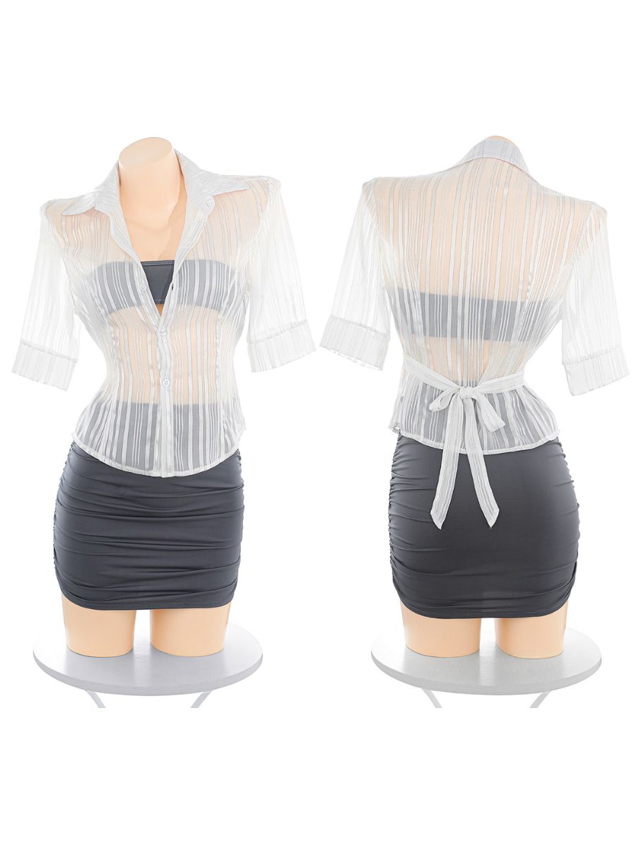 Sexy Secretary Cosplay Lingerie Set Sheer Striped Blouse and Ruched Mini Skirt