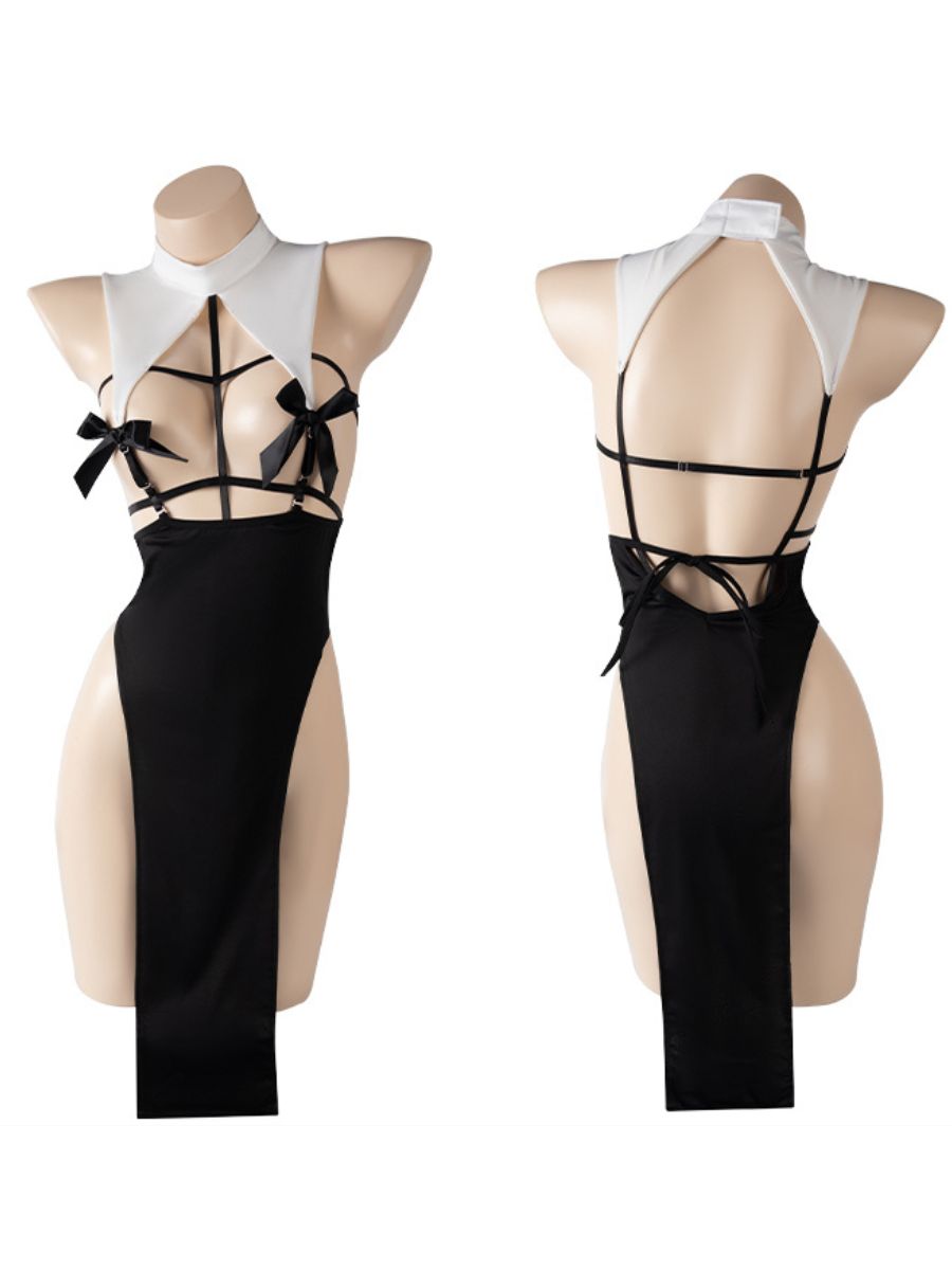 Seductive Nun Costume Anime High Slit Cosplay Lingerie Set with Open Chest Cage Bodysuit