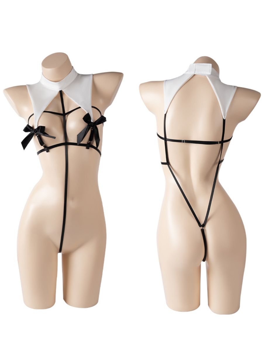 Seductive Nun Costume Anime High Slit Cosplay Lingerie Set with Open Chest Cage Bodysuit