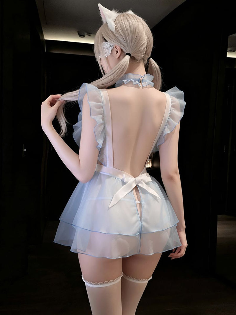 Kawaii Organza Maid Lingerie Set Sexy Sheer Apron Cosplay Babydoll Dress 