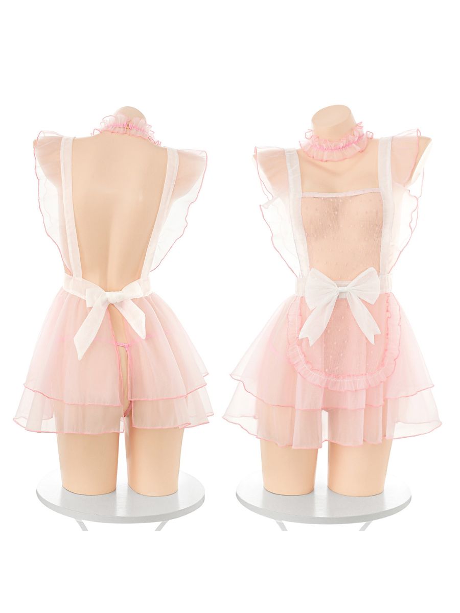 Kawaii Organza Maid Lingerie Set Sexy Sheer Apron Cosplay Babydoll Dress 