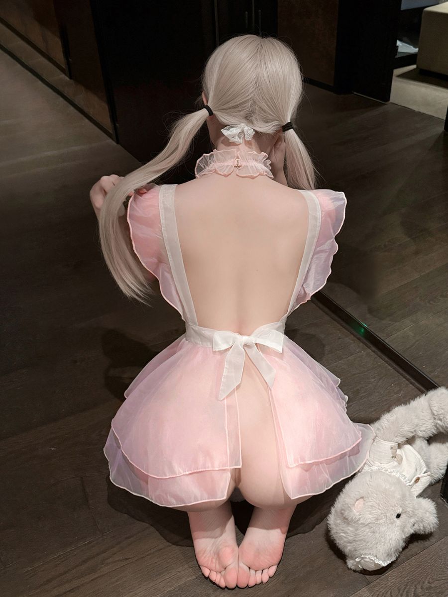 Kawaii Organza Maid Lingerie Set Sexy Sheer Apron Cosplay Babydoll Dress 