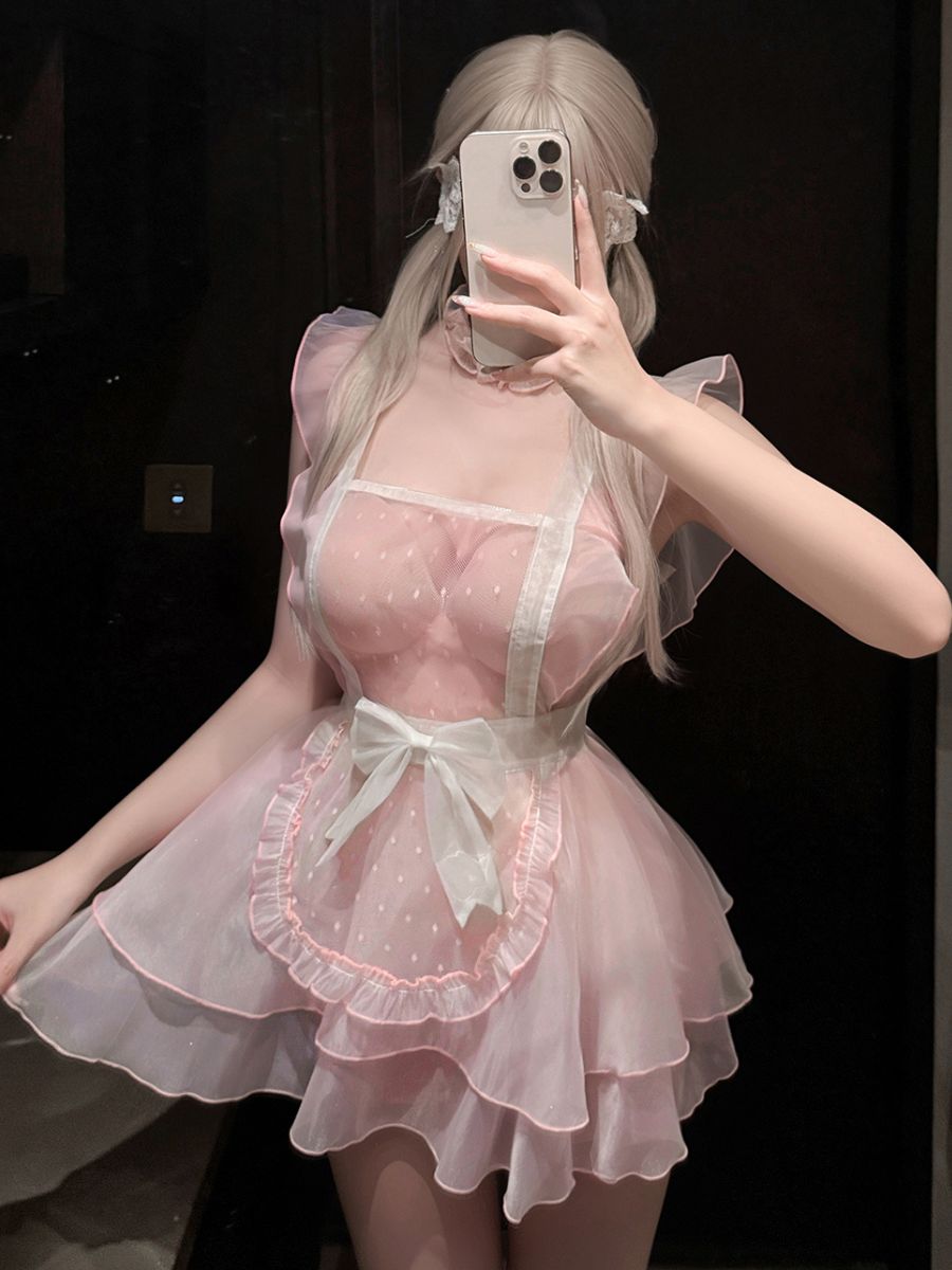 Kawaii Organza Maid Lingerie Set Sexy Sheer Apron Cosplay Babydoll Dress 