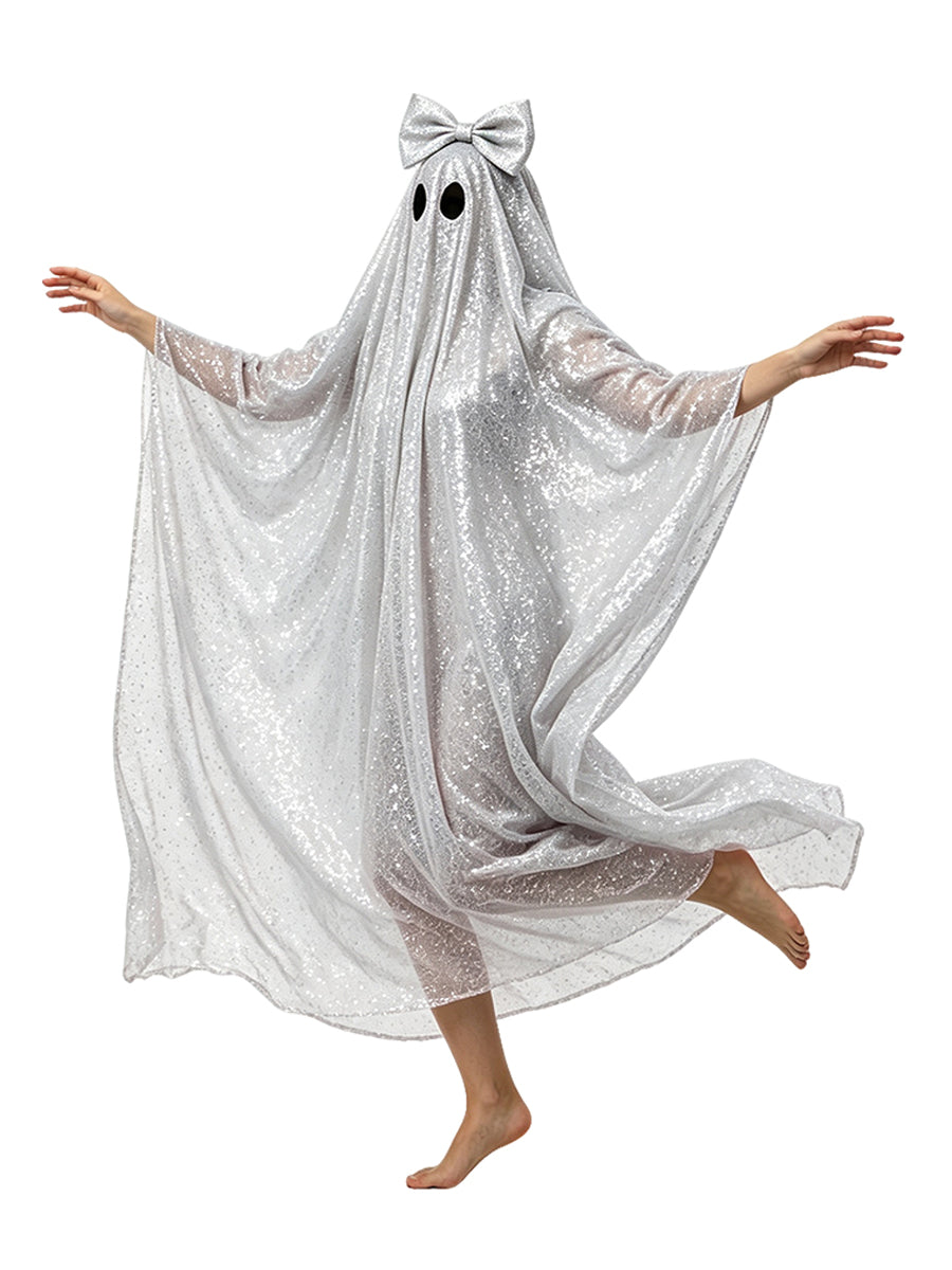 Sequin Sheet Ghost Halloween Costume Cute Ghost Sparkly Mesh Poncho Cloak