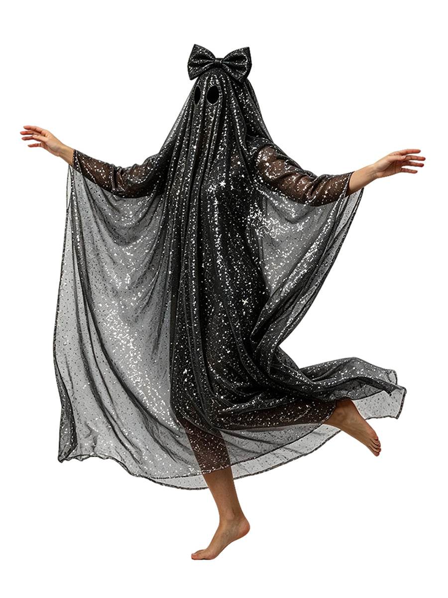 Sequin Sheet Ghost Halloween Costume Cute Ghost Sparkly Mesh Poncho Cloak