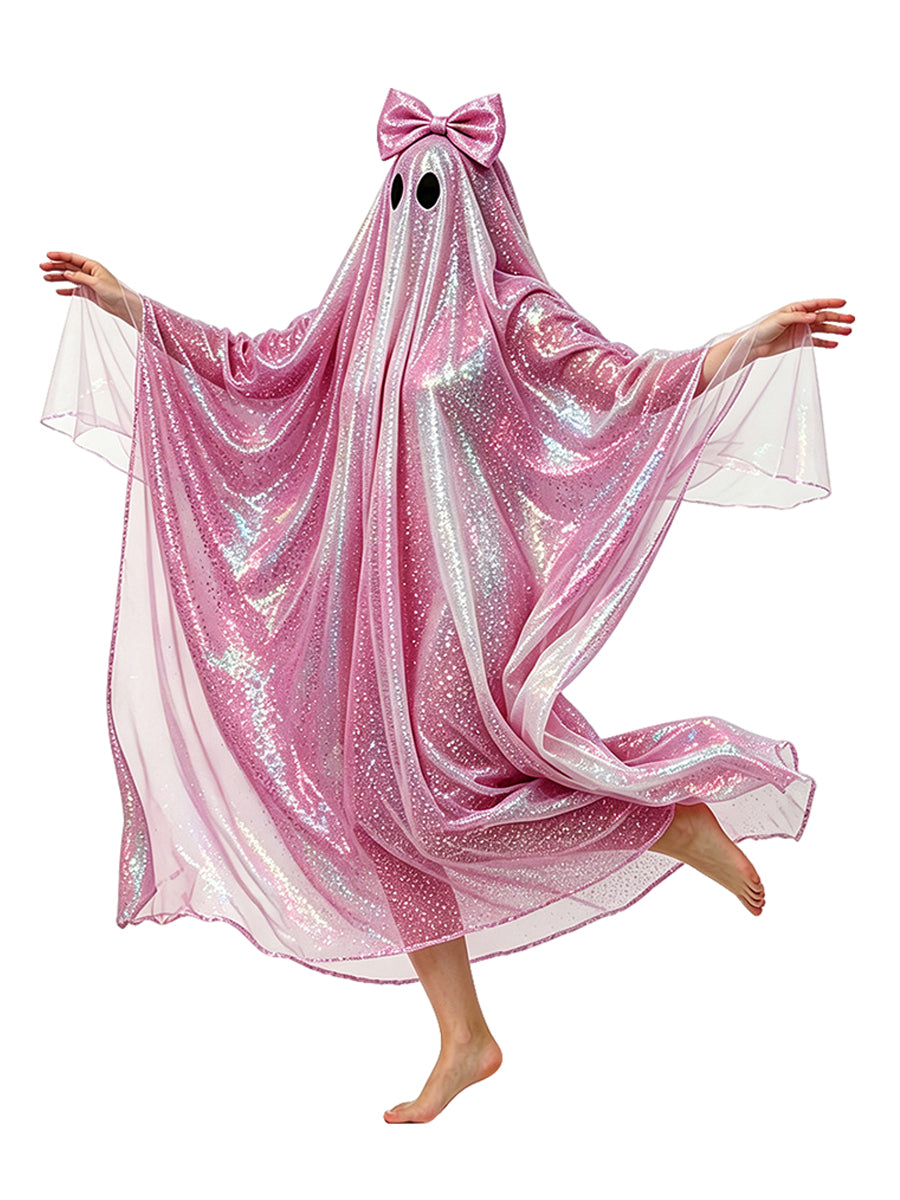 Sequin Sheet Ghost Halloween Costume Cute Ghost Sparkly Mesh Poncho Cloak