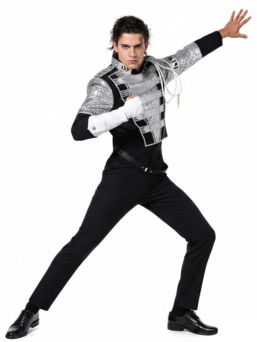 Michael Jackson Costume Black Sequin Pop Star Military Jacket with Gloves