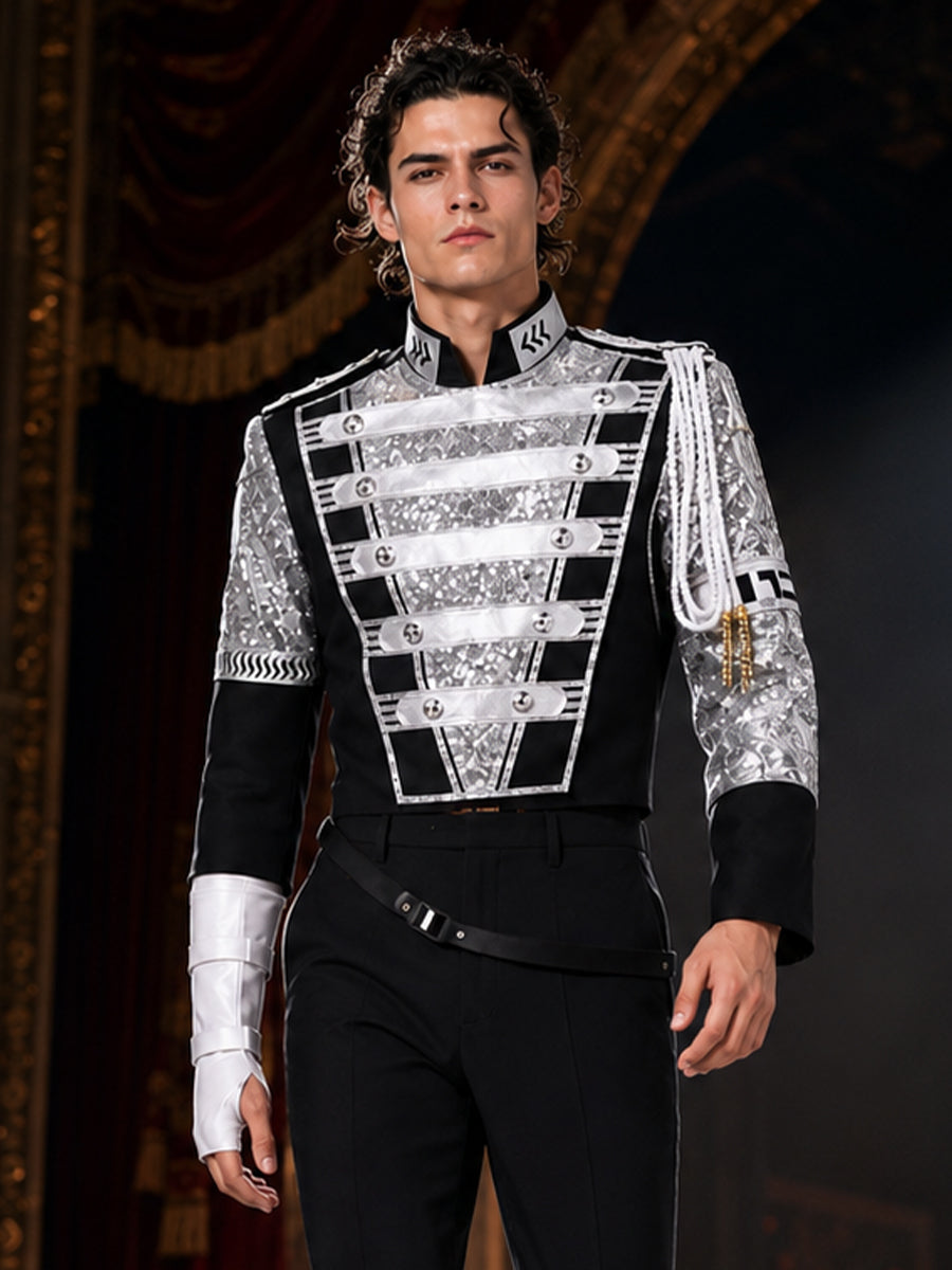 Michael Jackson Costume Black Sequin Pop Star Military Jacket with Gloves