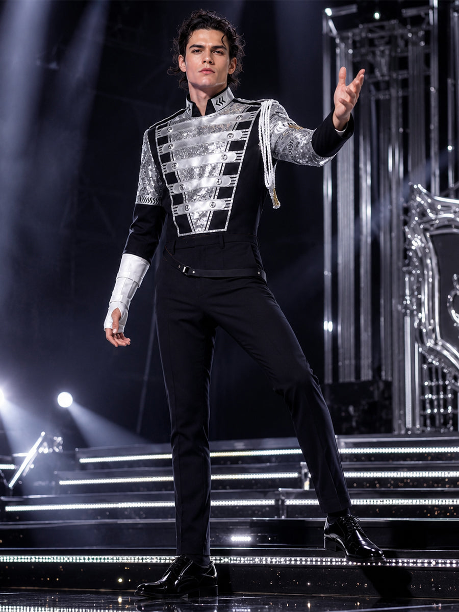 Michael Jackson Costume Black Sequin Pop Star Military Jacket with Gloves