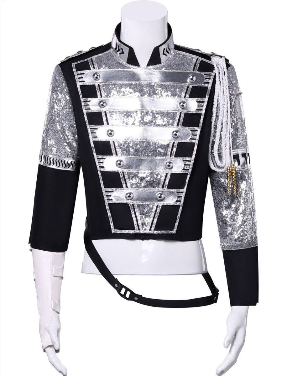 Michael Jackson Costume Black Sequin Pop Star Military Jacket with Gloves