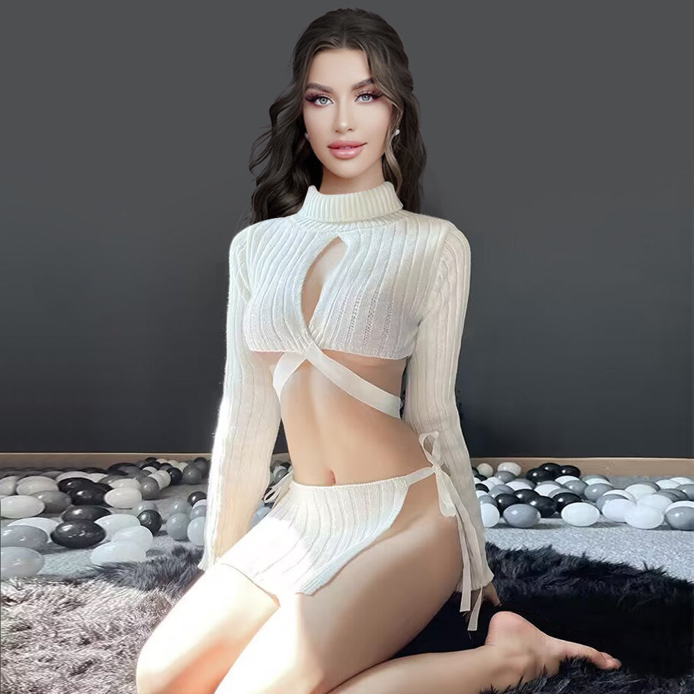 Sexy Fox Cosplay Outfit Anime Animal Costume Two Piece White Rib Knit Lingerie Set