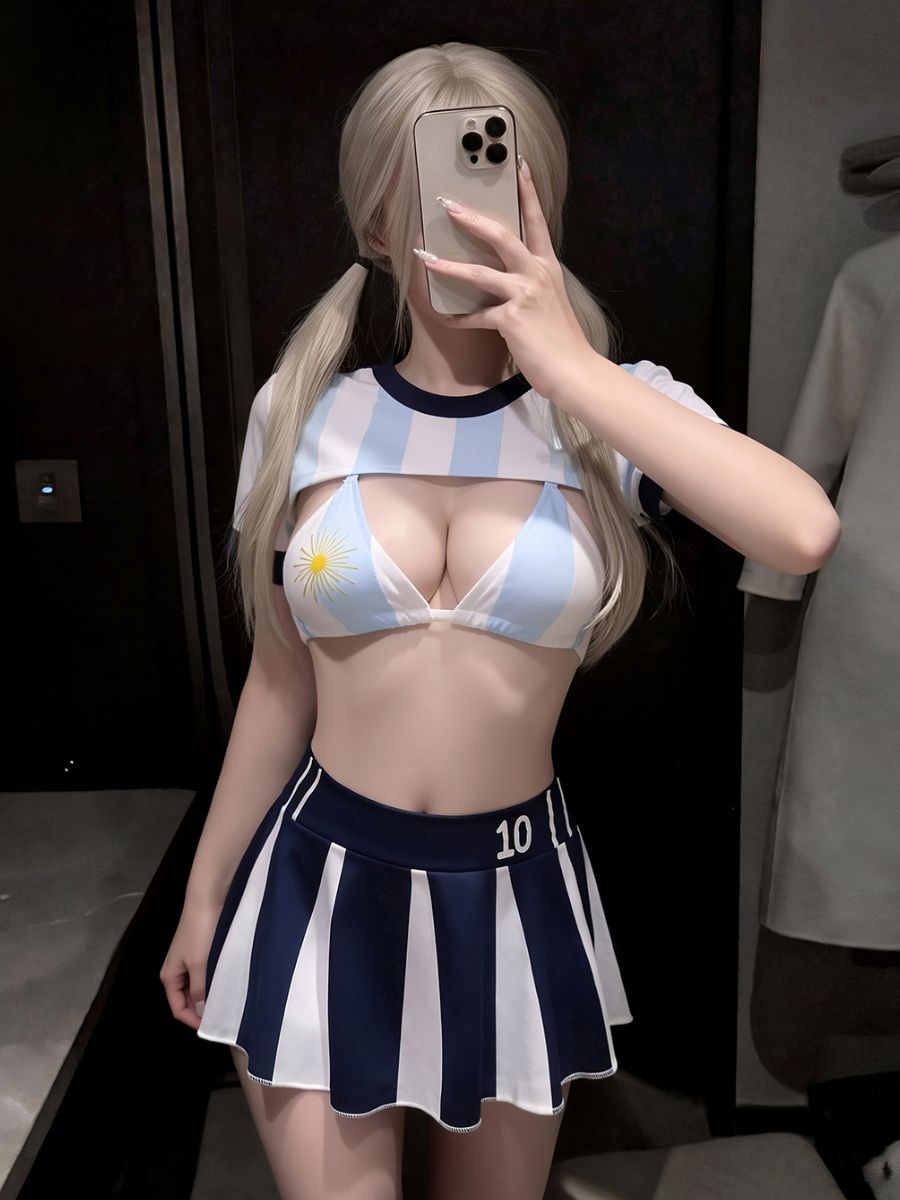 Sexy Argentina Soccer Cosplay Outfit Cheerleader Shrug Crop Top and Skirt with Bikini Set 