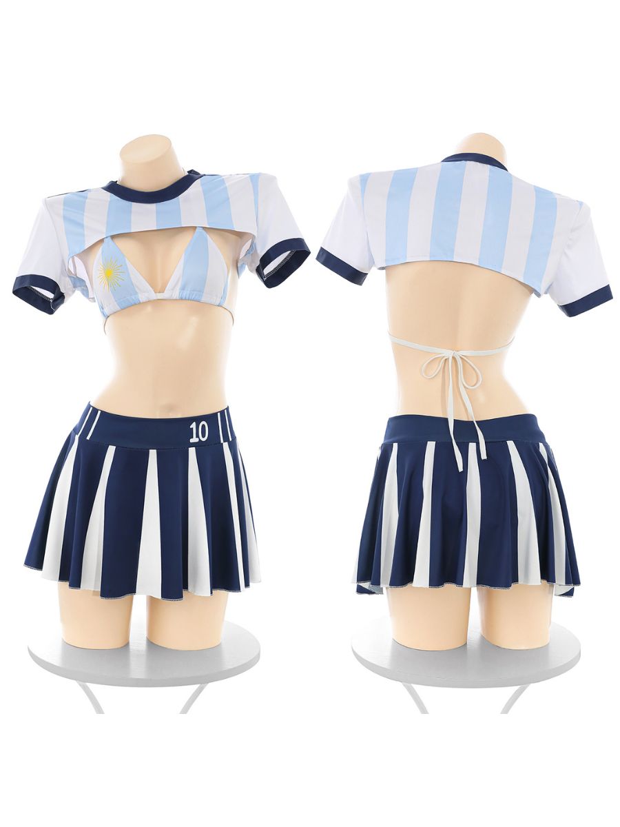 Sexy Argentina Soccer Cosplay Outfit Cheerleader Shrug Crop Top and Skirt with Bikini Set 