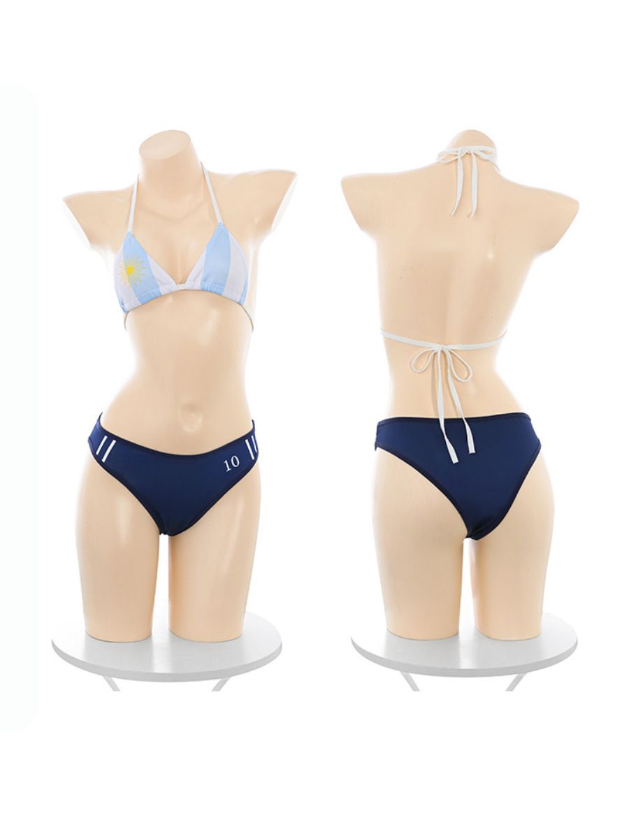 Sexy Argentina Soccer Cosplay Outfit Cheerleader Shrug Crop Top and Skirt with Bikini Set 