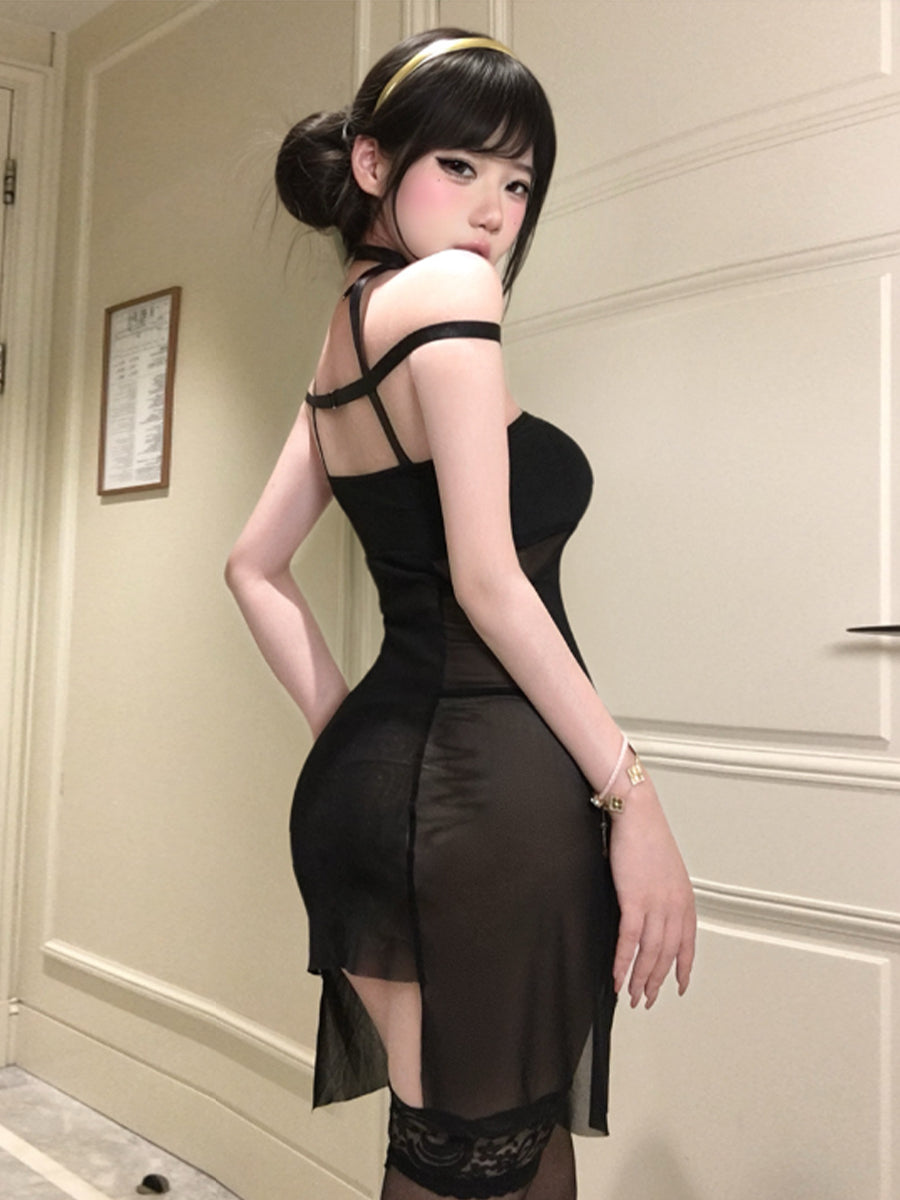 Sexy Assassin Cosplay Nightdress Black Sheer Mesh Strappy Chemise